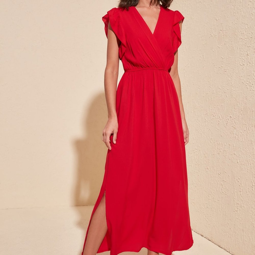 Red V neck Maxi Ruffle Shoulder Sleevless Dress - Picture 1 of 4